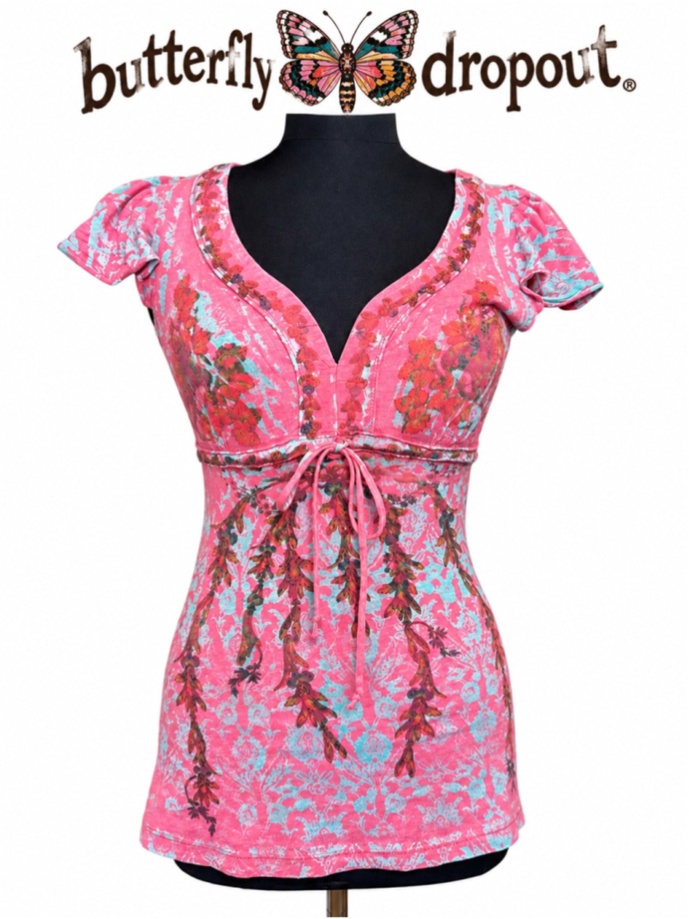 Vintage Y2K Butterfly Dropout Pink Floral Fairycore Babydoll Top S